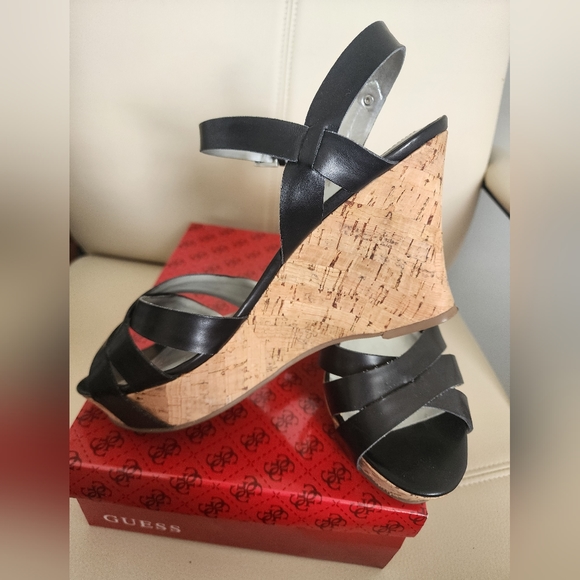 Black Cork Platform Guess Sandals - Picture 1 of 3